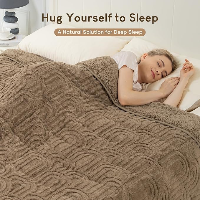 Cottonblue Jacquard Weighted Blanket for Adults 15 lbs Queen Size, Cozy Fluffy Sherpa Fleece Weighted Throw Blankets 60" x 80" for Sleep Relax, Fuzzy Warm Arch Heavy Blanket Soft for Bed Couch, Khaki