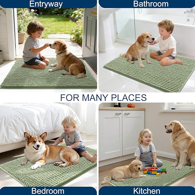 OLANLY Dog Door Mat for Muddy Paws 36x24, Ultra Absorbent Chenille Mud Doormat, Non-Slip Washable and Dirt Trapping Doormat for Indoor Entryway, Quick-Dry Indoor Pet Bed Mats for Dogs, Sage Green