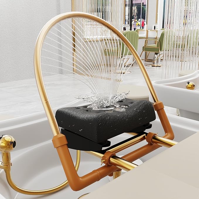 pouseayar Stationary Head Spa Massage Table with Water Cycle & Fumigation Salon Equipment for Beauty Head Spa Physical Therapy Massage, Stainless Steel Gold Color-Plated Frame, Beige Gray PU Leather