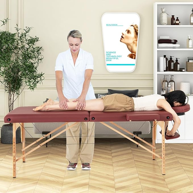 Giantex Massage Table, Portable Massage Bed w/Carrying Case, 2-Section Salon Spa Facial Care Tattoo Bed, Height Adjustable, Wood Frame, Professional Massage Lash Bed for Eyelash Extension (Red)