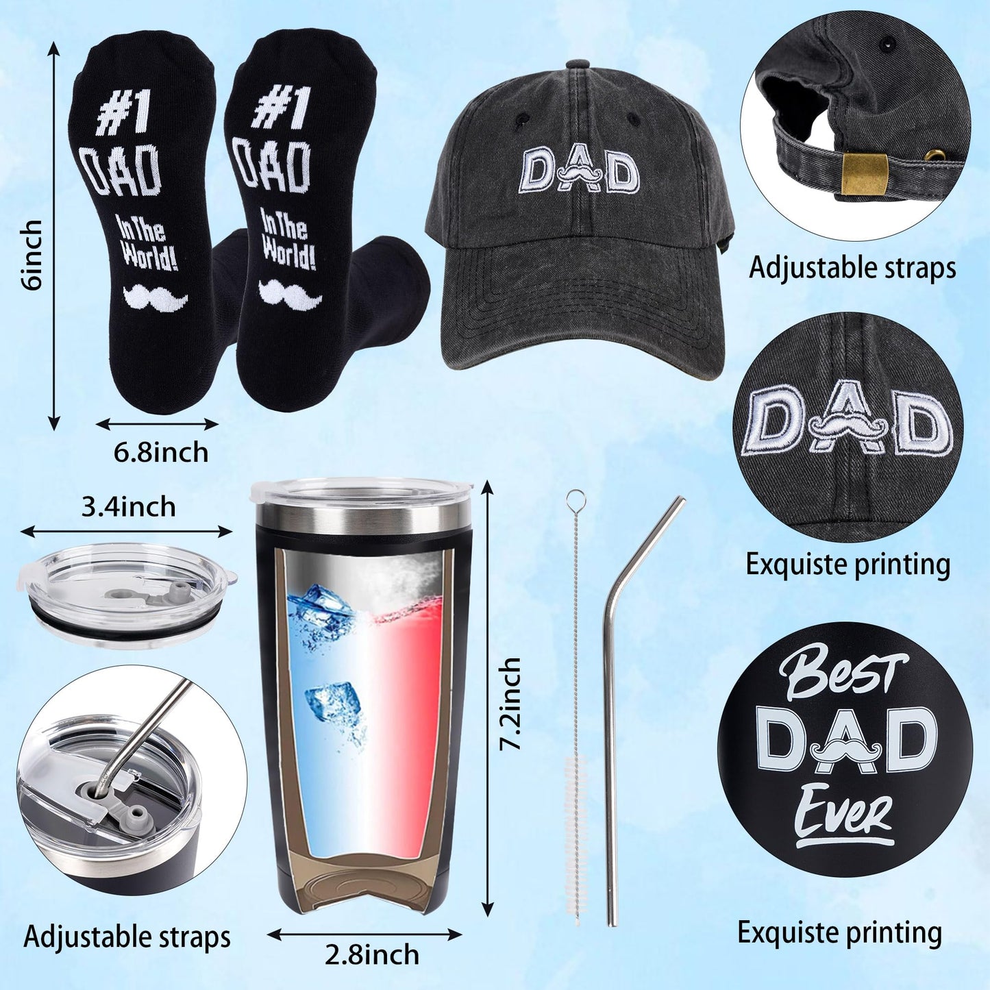 Kolewo4ever 9 Pieces Dad Gift Set Best Dad Gifts for Father, Men with Tumbler Mens Socks Mens Baseball Cap Key Chain Card for Men Father Papa Gifts from Son Daughter Kids