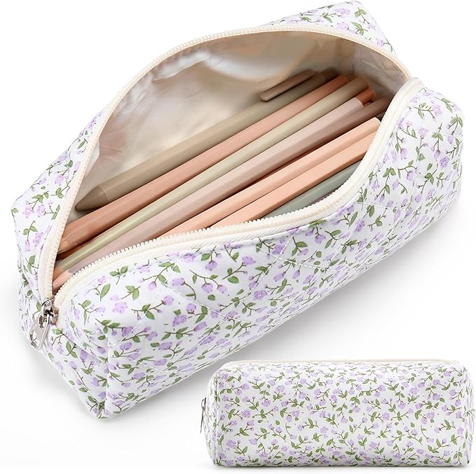 Paterr Aesthetic Floral Makeup Bag Travel Cosmetic Bag for Women Gift Christmas Portable Quilted Makeup Pouch Cotton Pencil Case Kawaii Cute Toiletry Organizer Case for Women Girls(Purple Floral)