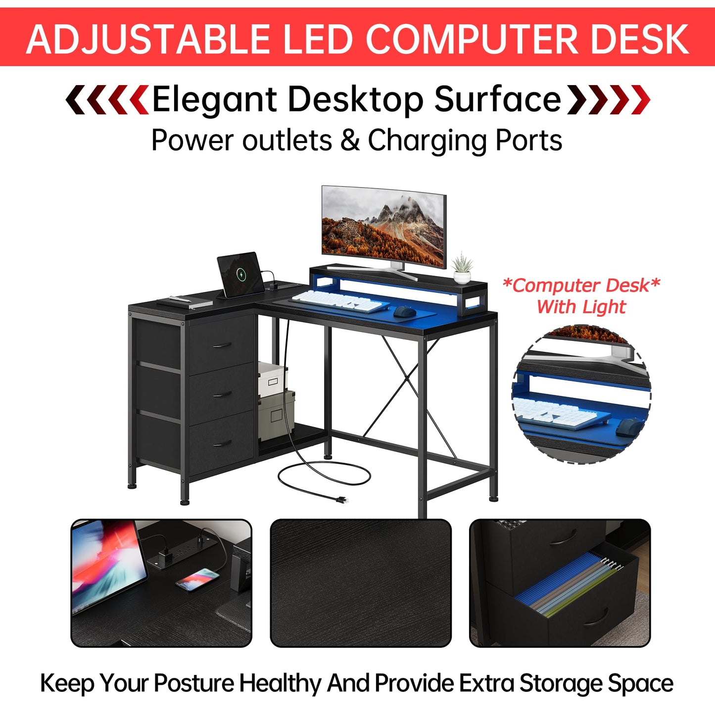 Hetoy L-Shaped Gaming Desk with Power Outlets, Corner Desk with Drawers, Shelves & LED Lights, Computer Desk for Home & Office