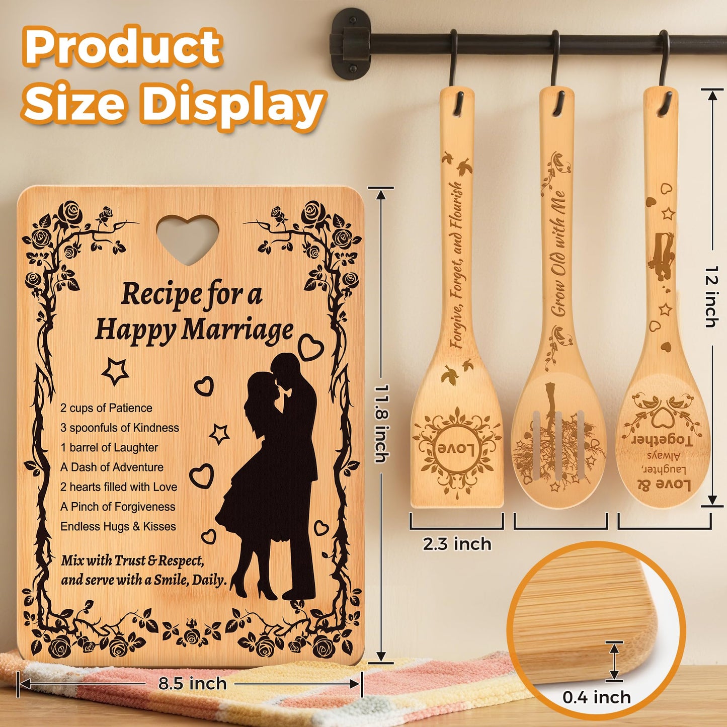 Wedding Gifts for Couples 2025: Personalized Bridal Shower Gift for Bride - “Recipe for a Happy Marriage”Heartfelt Bamboo Cutting Board + 3-Piece Engraved Utensils | Mr & Mrs Newlyweds