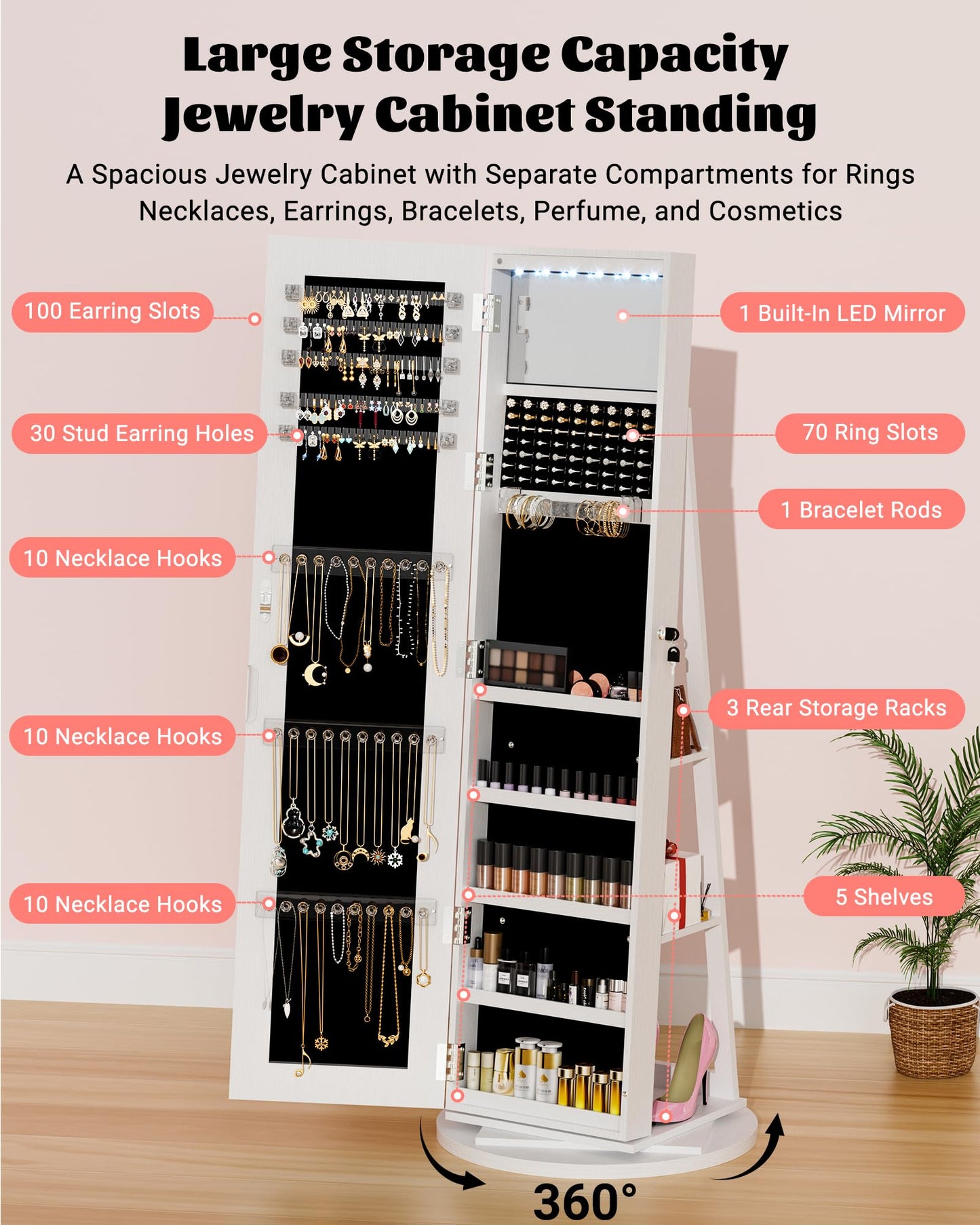 FAVSH 6 LEDs Jewelry Armoire with Frameless Full-Length Mirror, 360° Swivel Jewelry Cabinet Standing with 3 Back Shelves, Jewelry Organizer with Storage Lockable for Women Gift, White