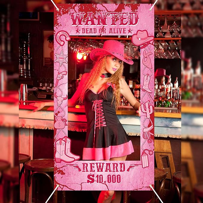 Cowgirl Party Decorations Pink Western Photo Booth Wanted Poster Photo Prop Photos Frame Banner for Wild West Birthday Dec...