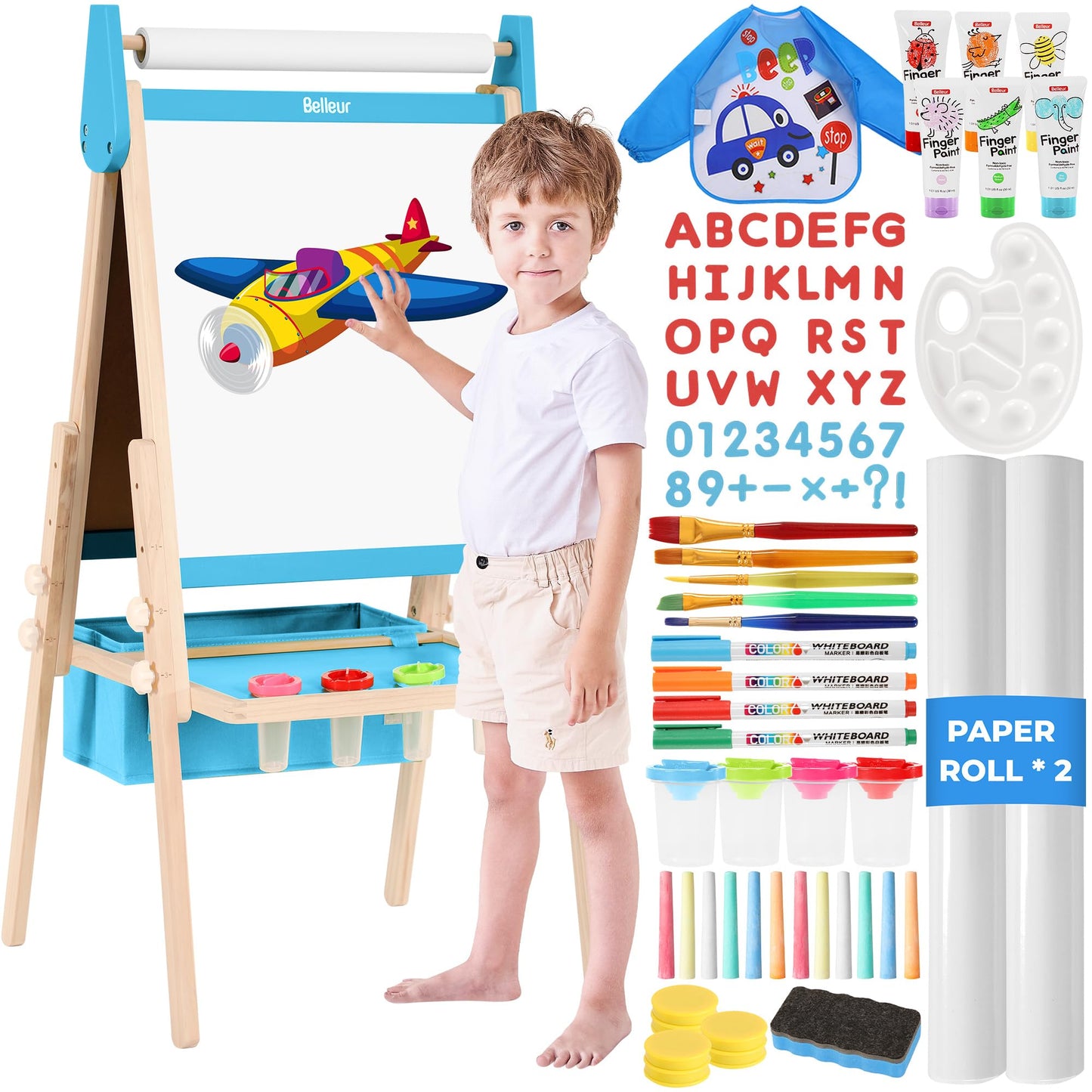 Belleur All-in-One Art Easel for Kids, Adjustable Double Sided Wooden Easel for Toddlers with Magnetic Whiteboard & Chalkboard, Paper Roll, Art Supplies, Child Painting Easel for Kid 2-8 Birthday Gift