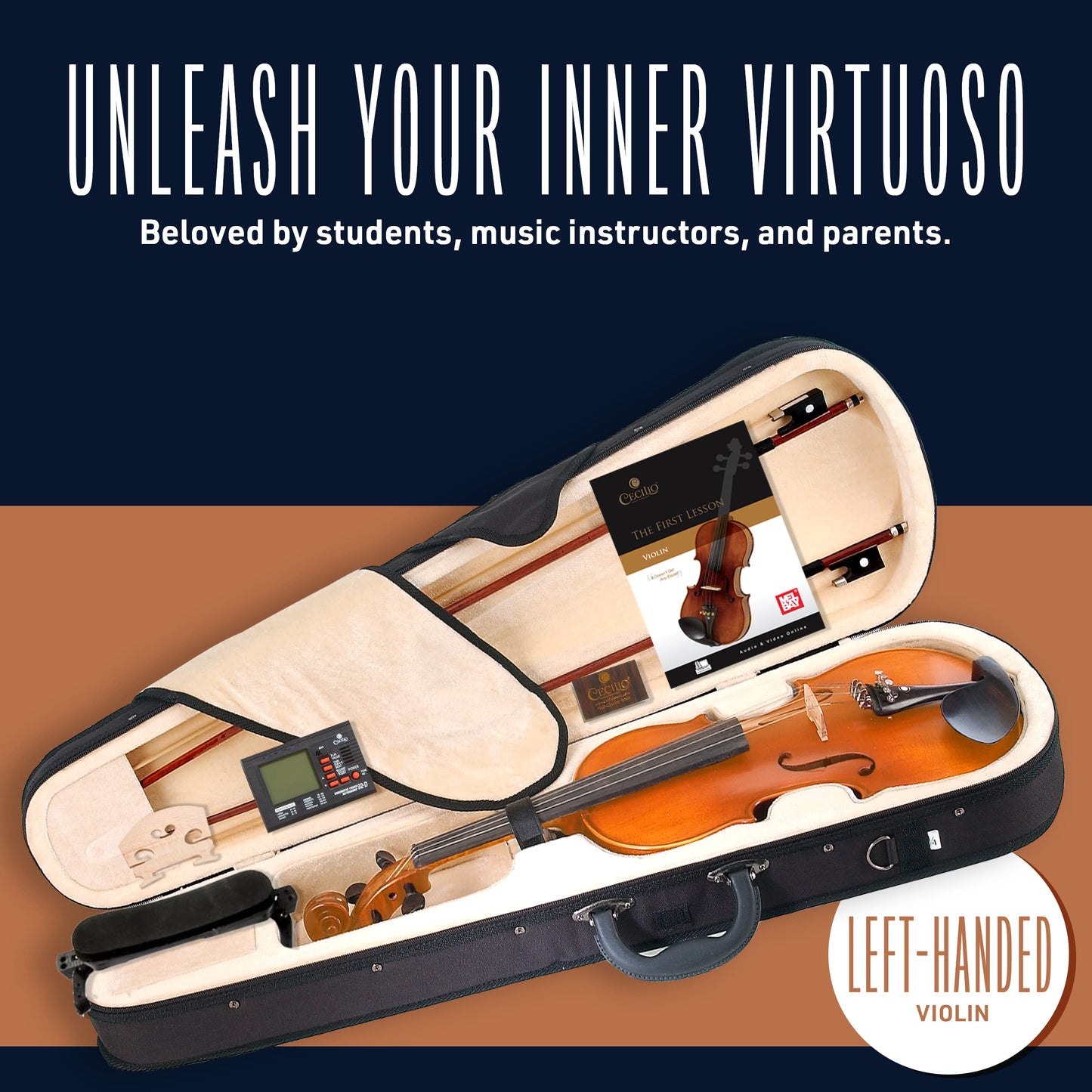 Cecilio 4/4 Left-Handed Violin Set - Solidwood, Varnish Finish, Complete with Case, Bows, Tuner, Rosin & Shoulder Rest