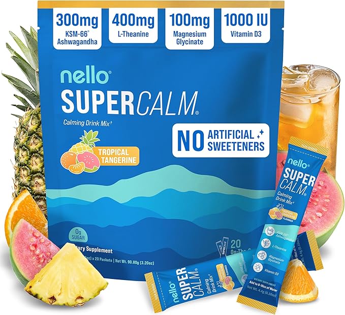 Nello Supercalm Powdered Drink Mix, Cortisol Reducer* and Sleep Aid Supplement, L Theanine, Ksm-66 Ashwagandha, Magnesium ...