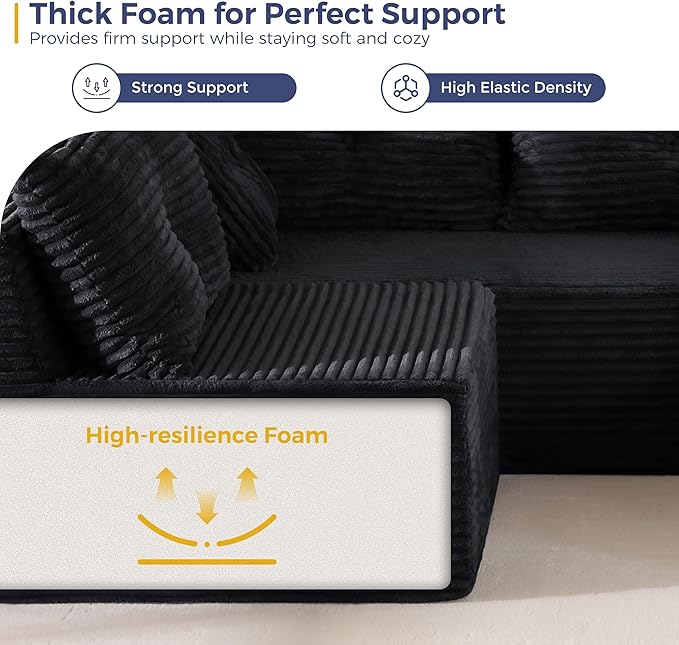 MAXYOYO 132" Oversize Modular Sectional Couch with L-Shape Chaise, Modern Boneless Couch for Living Room, Sofa in A Box, Oversized Sofa Sleeper with Deep Seat, No Assembly Required, Black