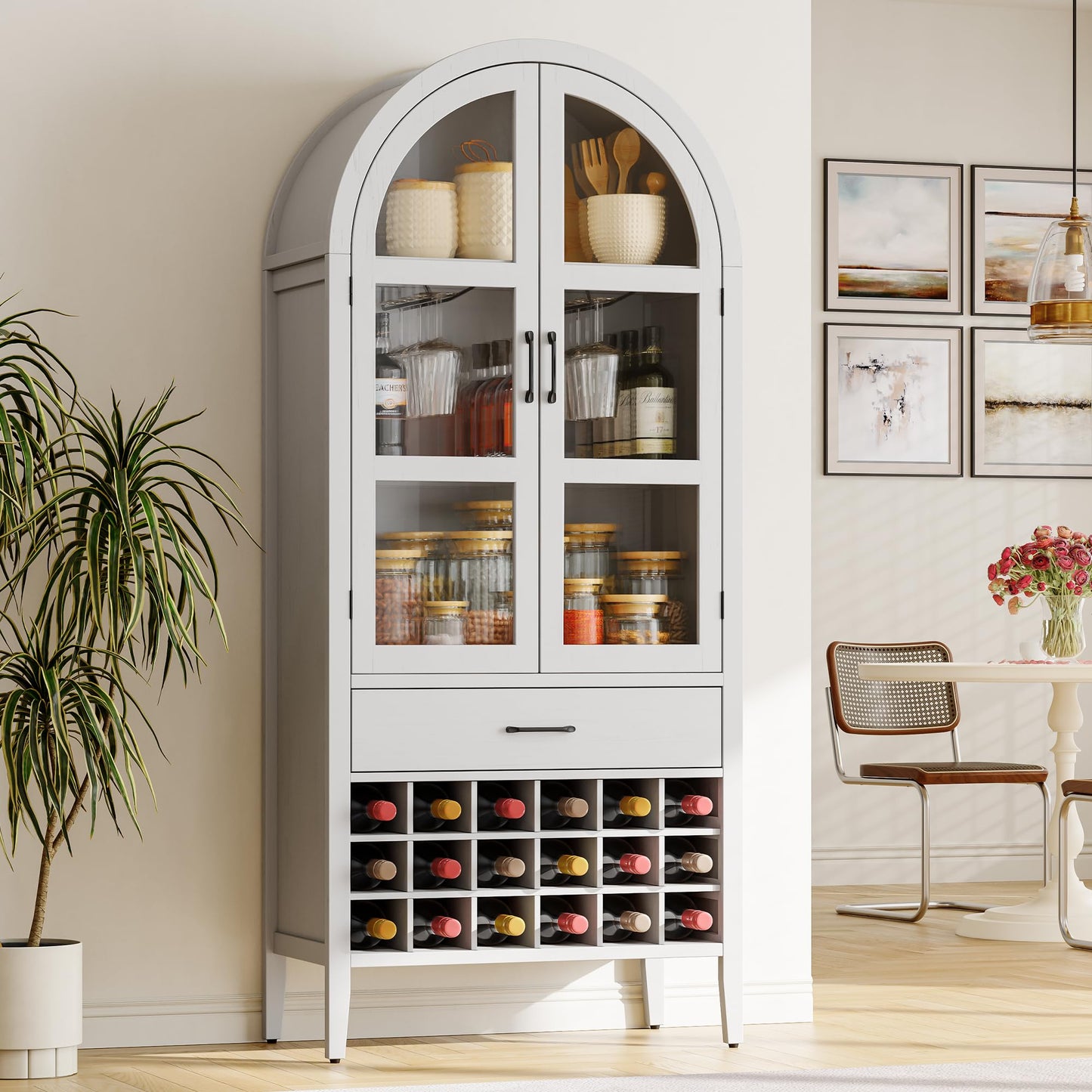 ONBRILL 71" Tall Wine Bar Cabinet, Arched Storage Cabinets with Door, Whiskey Station with Wine Rack and Glass Holder, Liquor Bar Cabinet for Home Kitchen Living Dining Room (Off White)