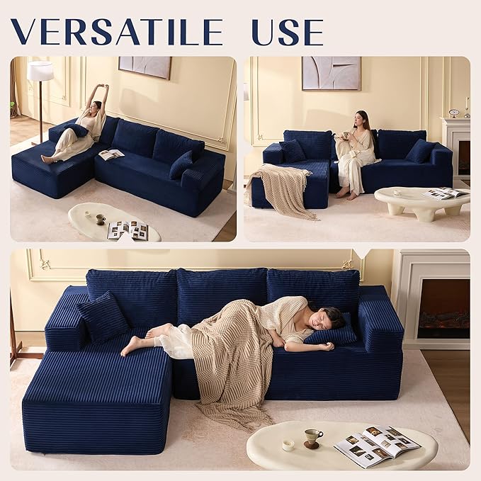 Afuson 107" Boneless Couch with Deep Seat, Modular Sectional Sofa, Cloud Sectional Couch for Living Room, No Assembly Required, Corduroy, L-Shape Left, Blue