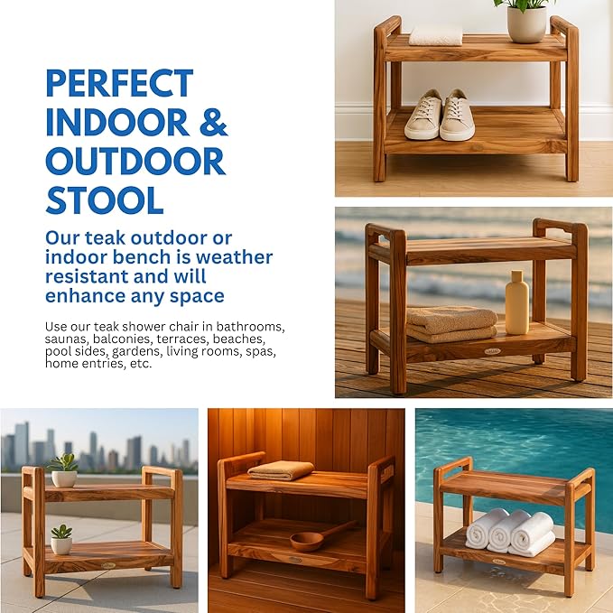 EcoDecors Eleganto 24 Inch Natural Color Waterproof Teak Wood Shower Bench Stool Seat Chair For Inside Shower Provides Safety, Storage, and Organization For Bathroom Accessories