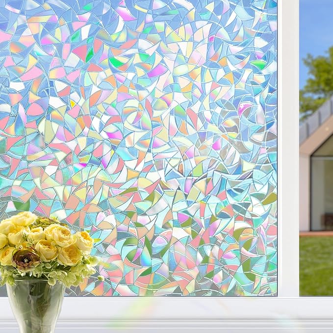 HIDBEA Window Privacy Film Static Clings, Rainbow Window Film, 3D Decals Non-Adhesive Window Vinyl Film for Home Door, 17.3 Inch x 13.1 Feet