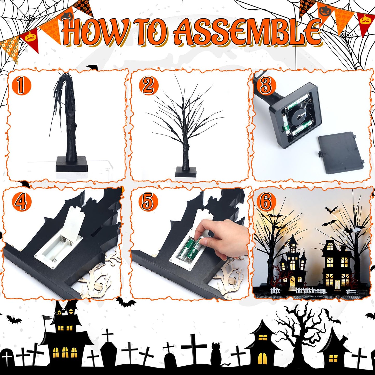 Cinnvoice 4 Pcs Halloween Table Decorations Indoor - 2 Lighted Wooden Haunted House Decor, 2 LED Birches Tree Decor - Battery Operated for Home Kitchen Ornaments