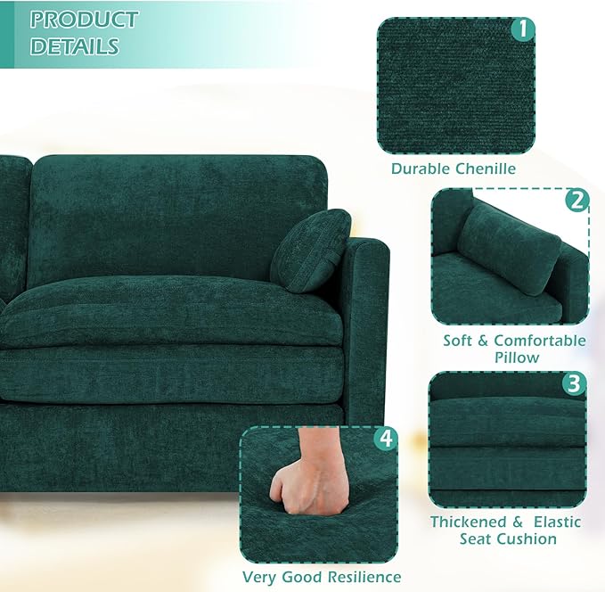 ACMEASE 3 Pieces Chenille Sofa Set w/Arm Pillows, Upholstered 2 Pieces Loveseat & 3 Seater Sofa w/Comfortable Back Cushions, Modern 2-Seat & 3-Seat w/High-Density Foam for Living Room, Teal