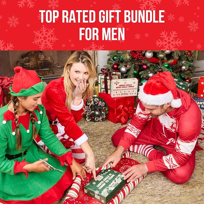 Happy Nuts Holiday Anti Chafing Gift Box for Men with Comfort Powder, Body Wash & Christmas Ornament - Ultimate Men's Care Stocking Stuffer for Him & White Elephant Gift Idea