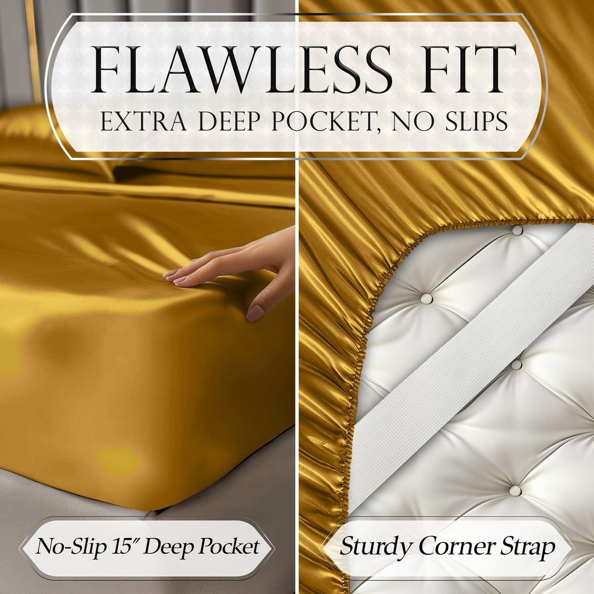 DECOLURE Satin Bed Sheets - 4 Piece Luxury Silky Queen Size Bedding Set - Softer Than Silk, Wrinkle-Free with 15” Deep Pocket Fitted Sheet, Perfect for Hair & Skin, Gifts for Women (Gold)
