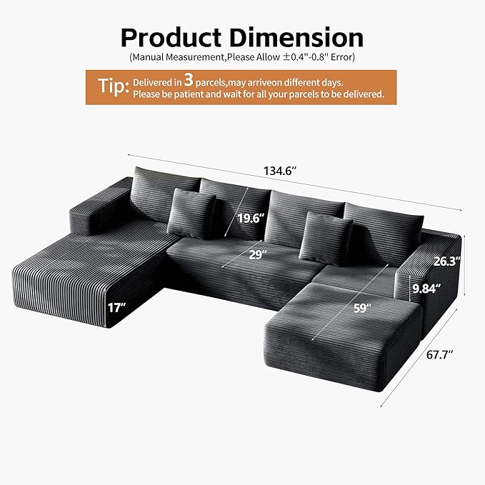 Fancyfire 134.6" Cloud Modular Sectional Couch with Chaise and Pillows,Ultimate Comfort U-Shaped Deep Seat Sofa,Boneless Couch Upholstered 3-Seater Sofas for Living Room, No Assembly Required(Grey)