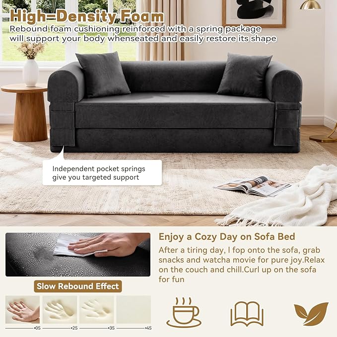GJQ Convertible Sleeper Sofa Bed,78.5 Inch Faux Leather Futon Couch with Pillows & Storage Pocket,5-in-1 Folding Sofa Bed Queen with Pull Out Beds,Boneless Couches for Living Room,Couch in a Box,Gray
