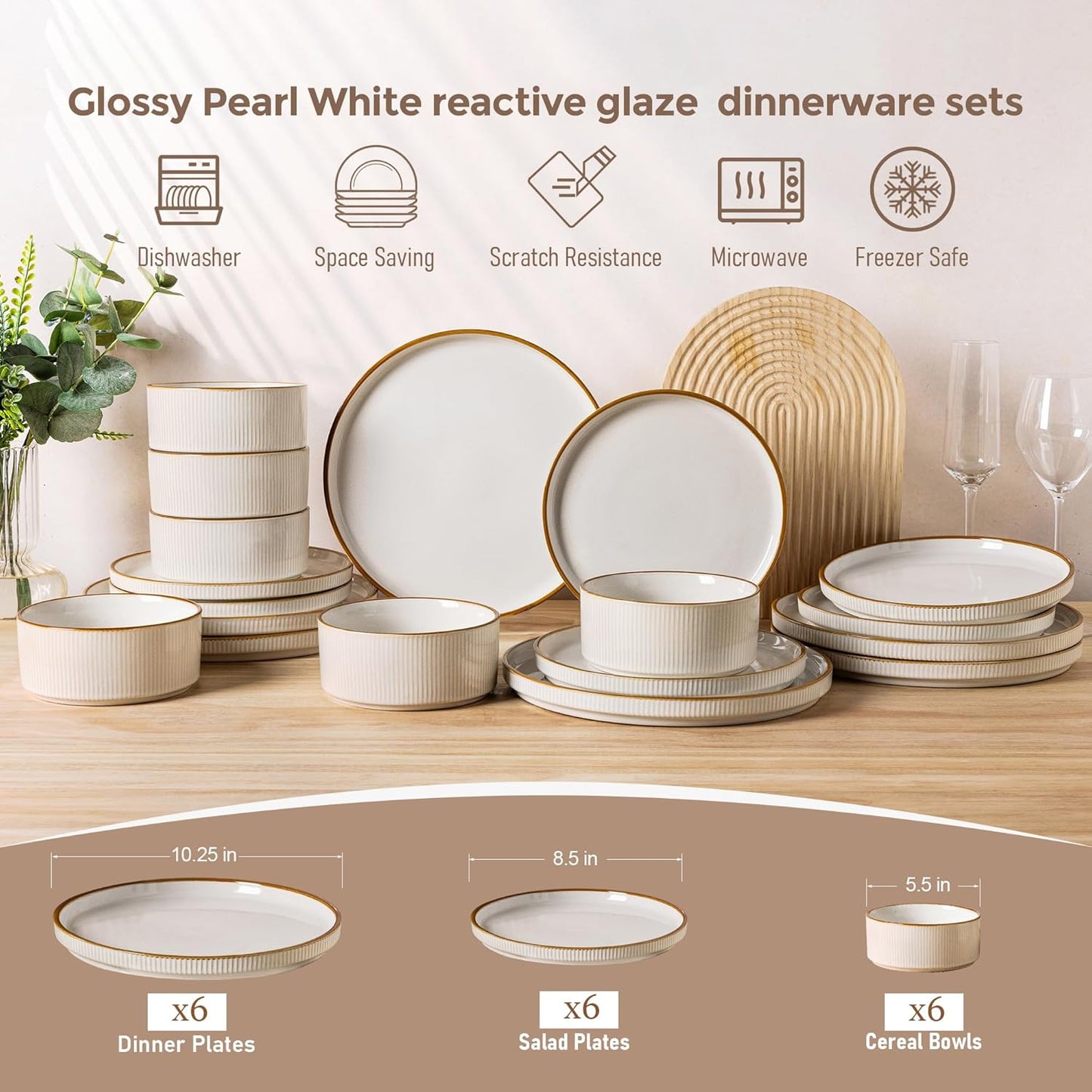 GBHOME Stoneware Dinnerware Sets for 6,Round Reactive Glaze Ceramic Plates and Bowls Set,Highly Scratch Resistant | Dishwasher & Microwave Safe Dishes Set,Service for 6(18Pcs)