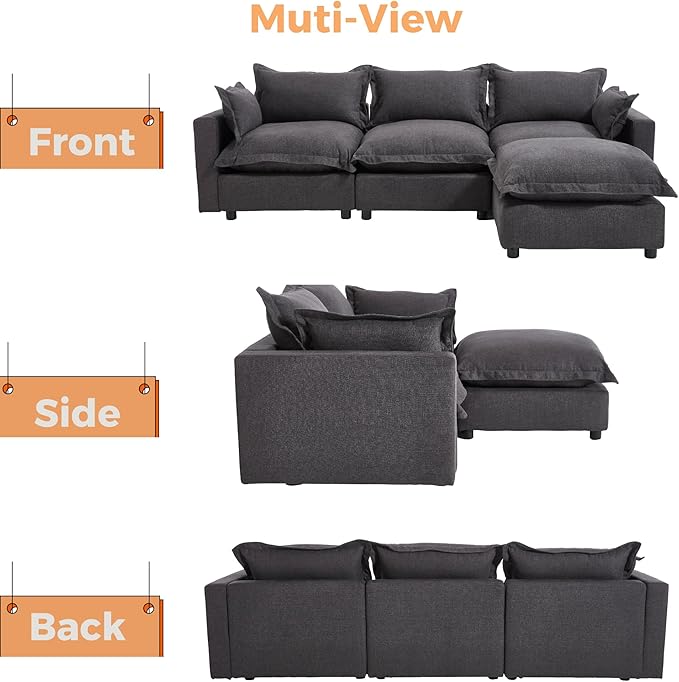 chairus 97" Modular Sectional Sofa with Moveable Ottoman Upholstered Deep Seat Linen Couch Set with Soft Pillows L-Shape Sofa Couch for Living Room, Apartment, Reception Room, 3-Seater/Black