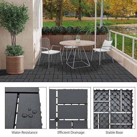 36 PCS 12x12 Inch Interlocking Deck Tiles - Waterproof All-Weather Outdoor Patio Flooring for Pool, Balcony, Backyard, Porch & Garden, Dark Grey
