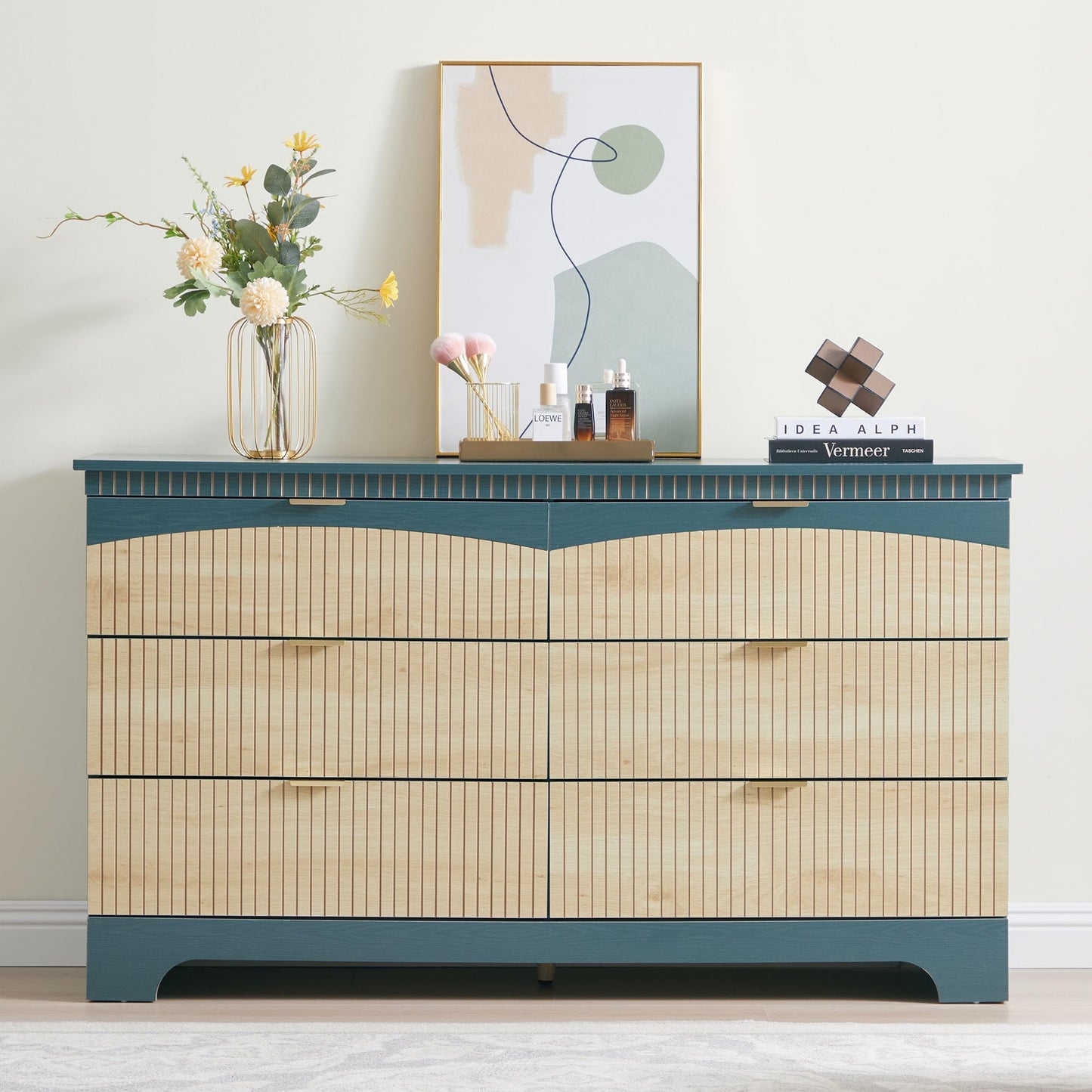 Janmer Home Fluted 6 Drawers Dresser for Bedroom, Mid Century Modern Dresser for Closet & Chest of Drawers, 54 Inch Wood Large Drawer TV Stand for Living Room (Teal, 6 Drawer)