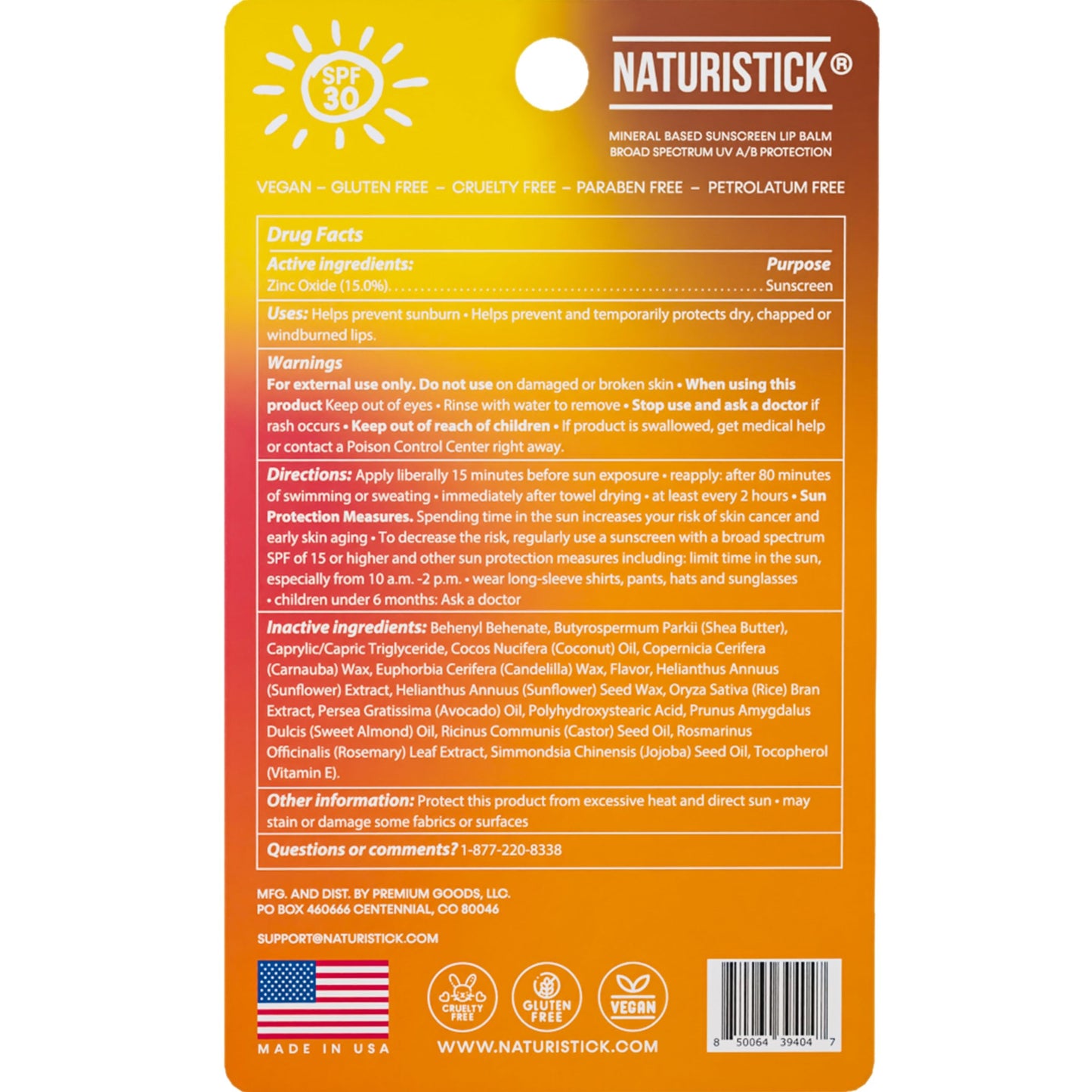 Naturistick SPF 30 Vegan Lip Balm - Mineral Sunscreen with Zinc Oxide | Broad Spectrum UVA/UVB | 100% Natural, Coral-Friendly Fo