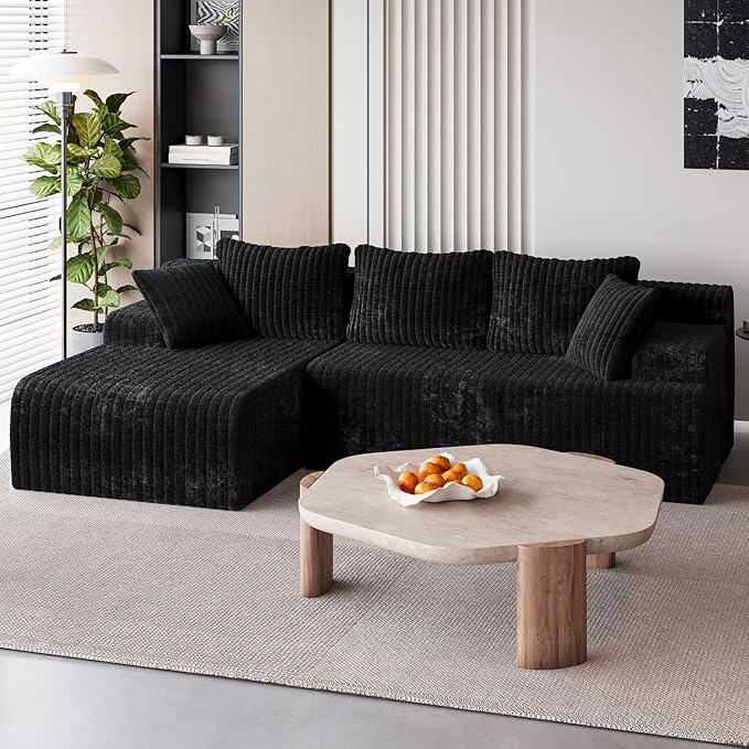 LAUSAINT HOME 96" Modular Sectional Sofa Couches, L-Shaped Boneless Cloud Sofa with 3 Deep Seat, 5 Cushiones Oversized Chaise for Living Room, Bedroom, Plush Corduroy Fabric (Left, Black)
