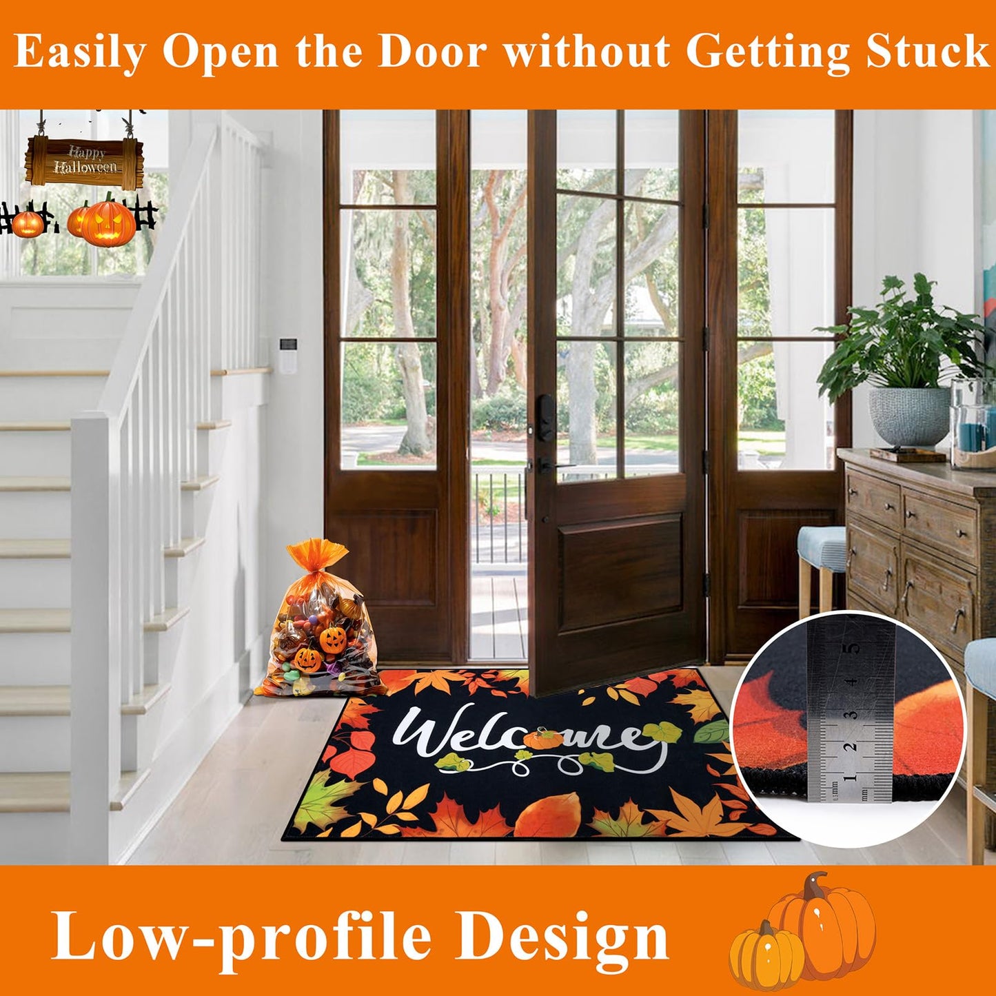 Ileading Fall Door Mat 32"x48", Hello Pumpkin Doormat, Washable Non Slip Welcome Mats for Front Door, Autumn Harvest Thanksgiving Entry Mat Indoor Outdoor Low Profile Floor Mat for Entryway