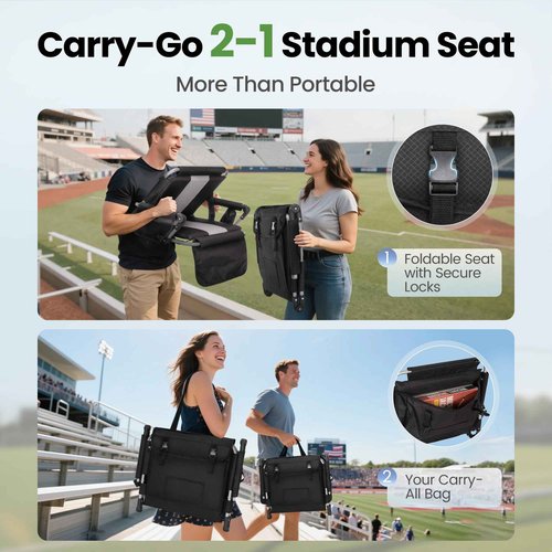 HIGH POINT SPORTS Foldable Stadium Seats for Bleachers with Back Support, 2PCS Bleacher Seats Chairs with Back and Cushion, Portable Folding Stadium Chairs with Armrest, Black