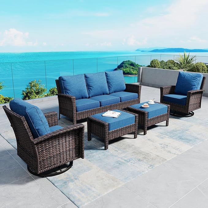 SUNSHINE VALLEY Patio Furniture Set with Swivel Chairs, High Back Wicker Rattan Sofa Chairs with 5.5" Thick Cushion and 2 Ottoman, Outdoor Conversation Set for Backyard Deck, Blue