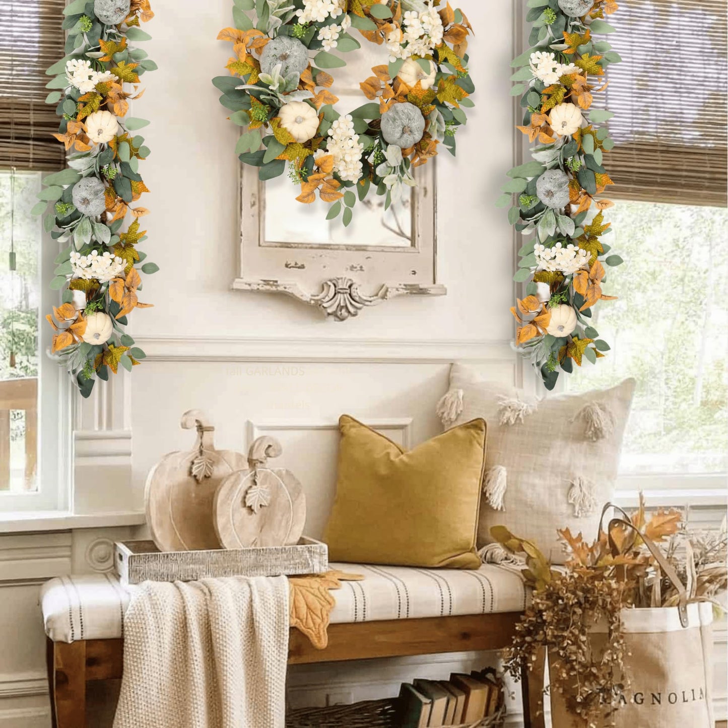 Fall Pumpkin Garland 60 Inch (5 Ft), Quixem Autumn Eucalyptus & Lambs Ear Garland with White Hydrangea Accents, for Thanksgiving Halloween Mantel Decor Table Centerpiece Home Wall Farmhouse Indoor