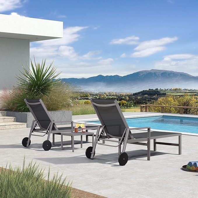 PURPLE LEAF Outdoor Chaise Lounge Set for 2 Aluminum Patio Chaise Lounger Chairs with Armrest and Wheels Adjustable Pool Chaise Lounge Chair for Beach Yard Poolside Table Included, Grey