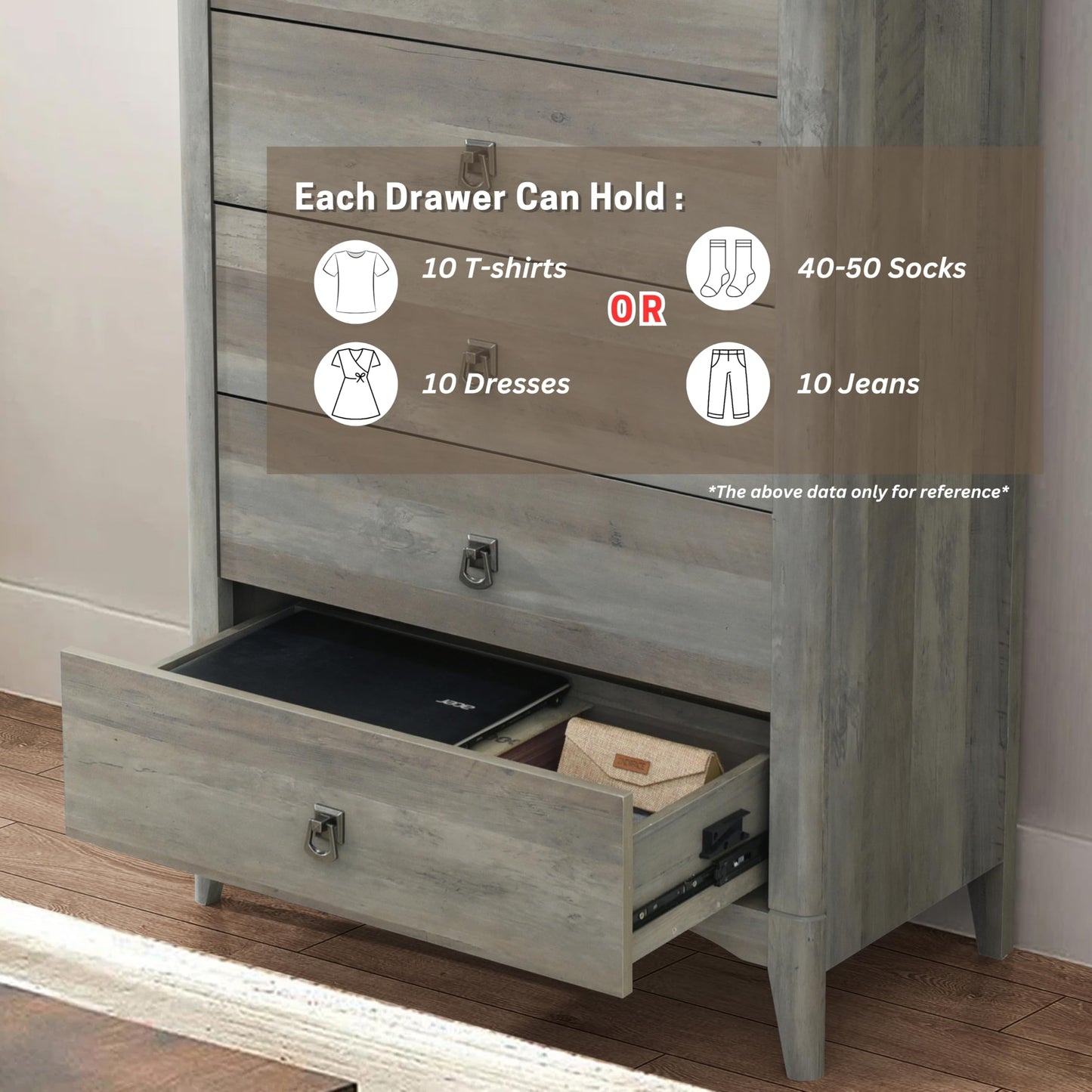 ELISA HOME Celine 5 Drawers Dresser for Bedroom, 47" Tall Modern Chest of Drawers, Wood Drawer Organizer for Clothes, Entryway, Hallway, Nursery or Living Room, Gray