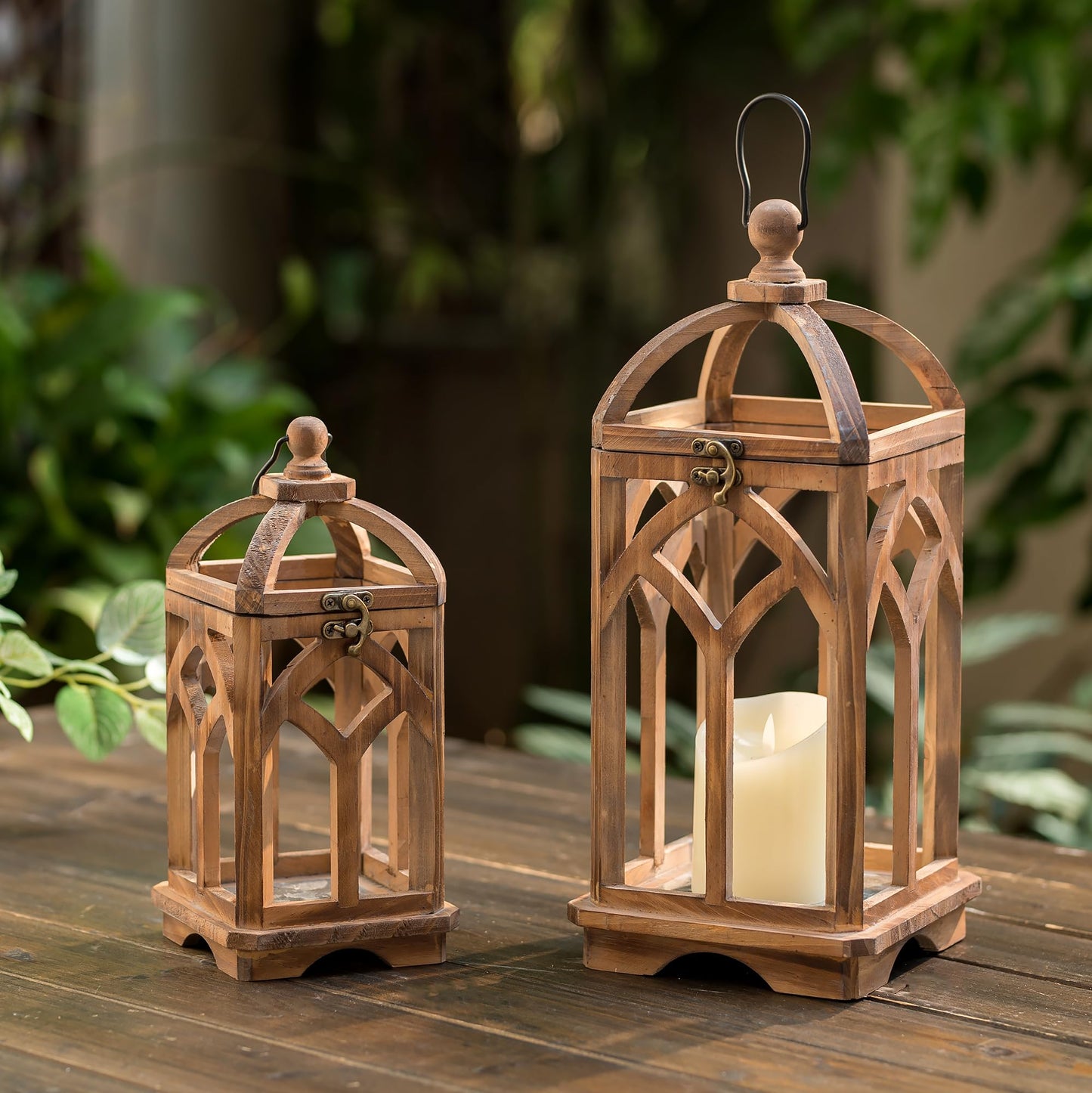Staymoment Farmhouse Lanterns Decorative Indoor: 11" & 15" Set of 2 Brown Wooden Candle Holder Lanterns for Table Centerpiece Fireplace Mantle Home Decor