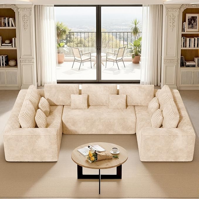 136'' Large Sectional Cloud Couches with Chaise, U Shaped Boneless Loveseat Sofa, No Assembly Required Deep Seat Modular Lounge for Living Room 3PCS Set, Bedroom(Khaki)