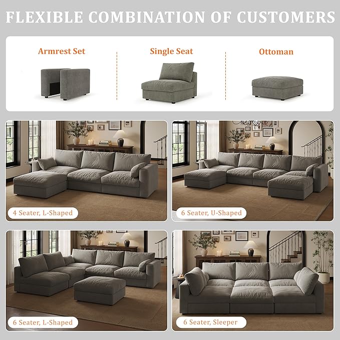Cloud Modular Sectional Sofa Couch, 99" Oversized Sectional Couches for Living Room, Cloud Modular I-Shaped Sofa with Chaise, 3 Seater, Chenille, Light Gray