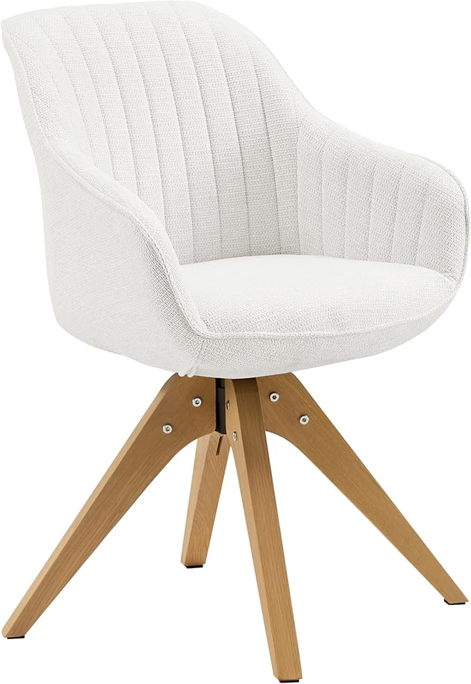 Art Leon Dining Chair, Mid Century Modern Fabric Upholstered Swivel Dining Room Chair with Oak Wood Legs, Leisure Side Chair with Arms for Living Room, Off White