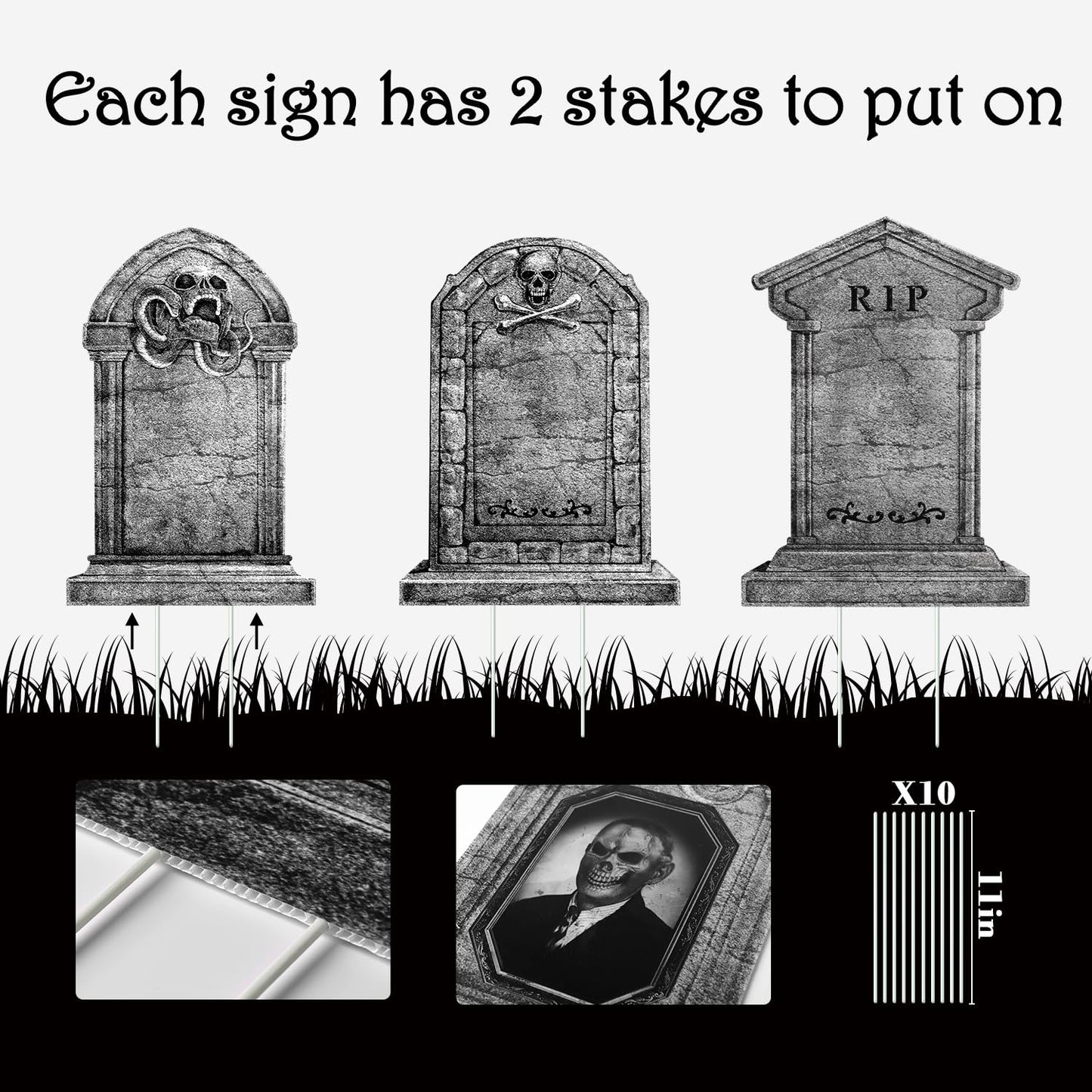 Graveyard Tombstones Halloween Decorations Outdoor: 4pcs Large Gravestones Yard Signs with Scary 3D Changing Face Photo, 17" Realistic RIP Skeleton Tombstones, Waterproof Cemetery Graves Decor Outside