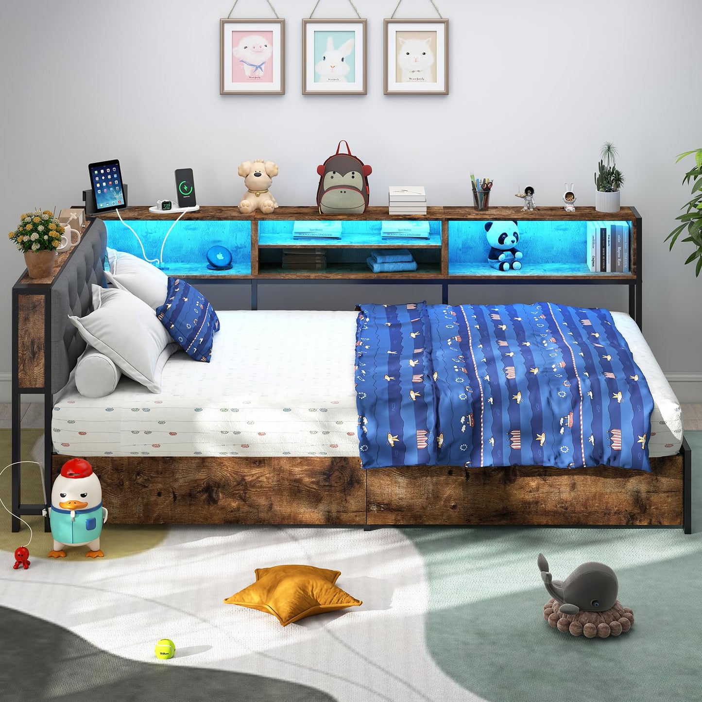 Twin XL Corner Bed Frame with Storage Bookcase and LED Lights, Twin XL Daybed with 2 Storage Drawers, Upholstered Platform Bed with Headboard and Charging Station, Rustic Brown & Gray