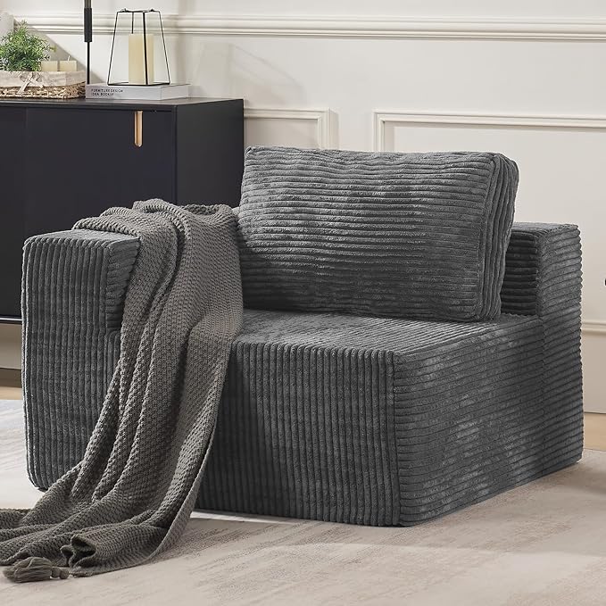 Furnify 40" Modular Sectional Sofa, Upholstered Floor Sofa Couch with Pillow, Bean Bag Chair for Bedroom Living Room, No Assembly Required (Plush Corduroy Fabric, Grey)