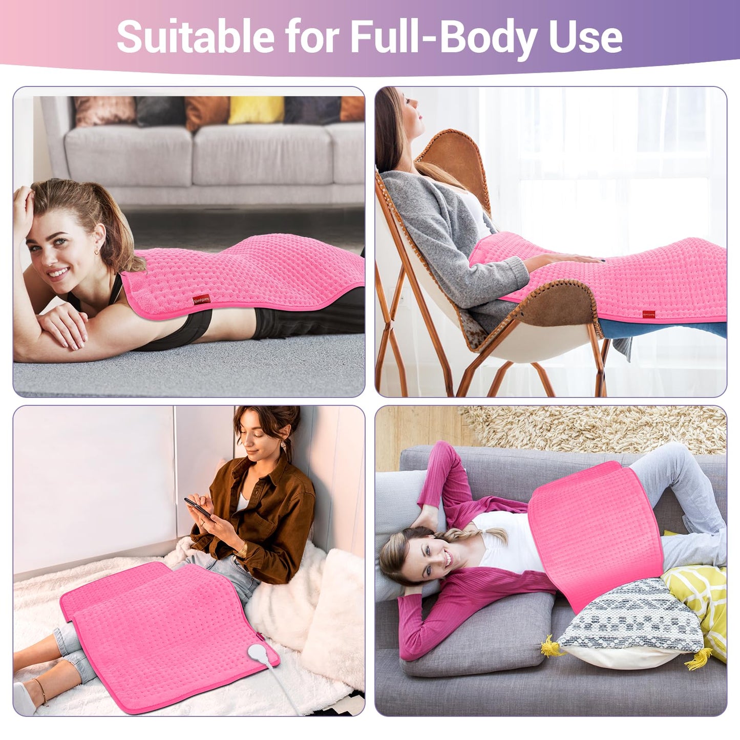 Comfytemp 17''x 33'' King Size Heating Pad for Back & Period, FSA Eligible Items Only List, HSA Approve Extra Large Cute Heating Pad XXL, Electric Heat Pad for Neck/Shoulder/Knee, Washable, Pink