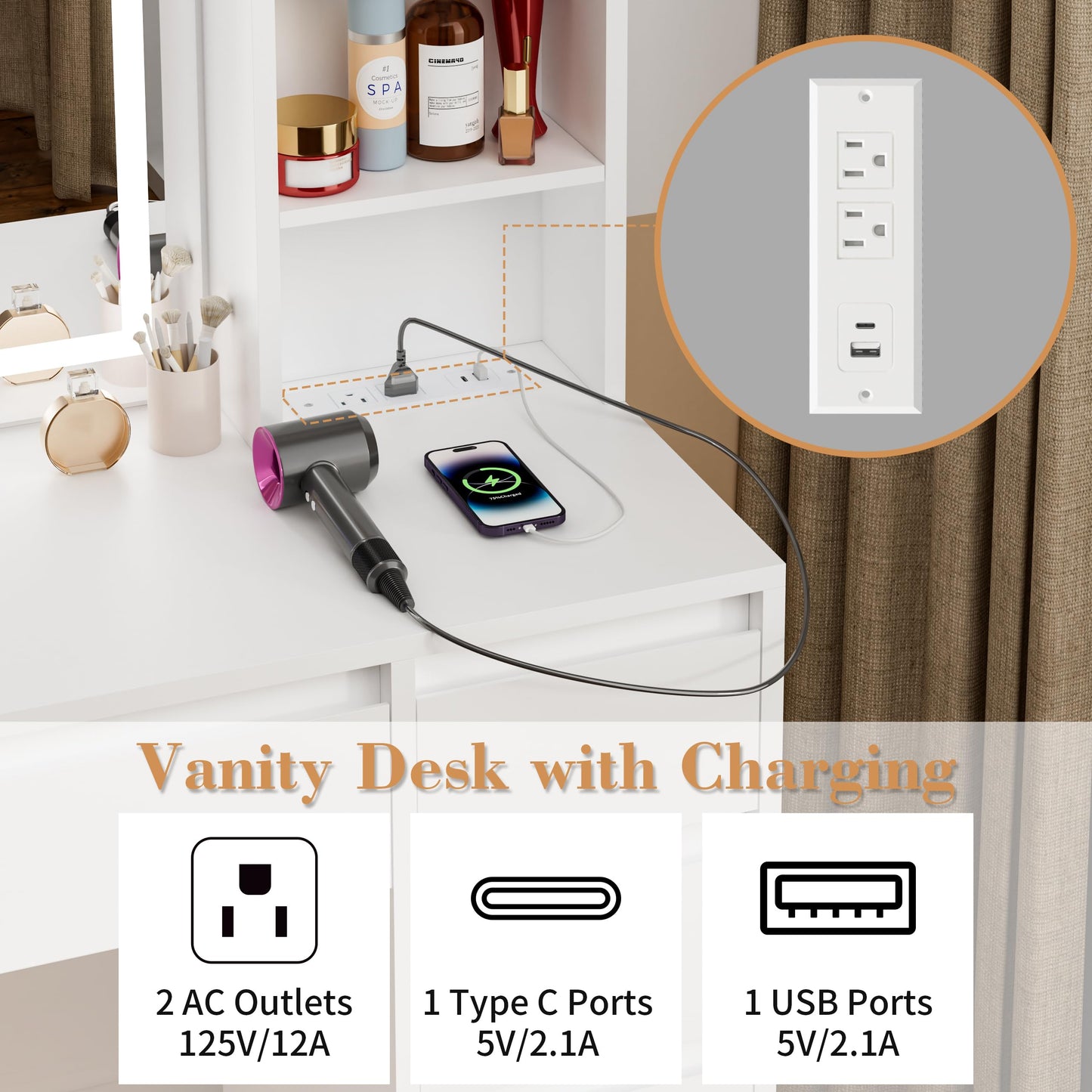 COWMOU Tall Vanity Desk with LED Mirror and RGB Lights Shelves, White Makeup Vanity with Power Outlet, Vanity Table with 5 Sliding Drawers & 2 Cabinets for for Bedroom and Dressing Room