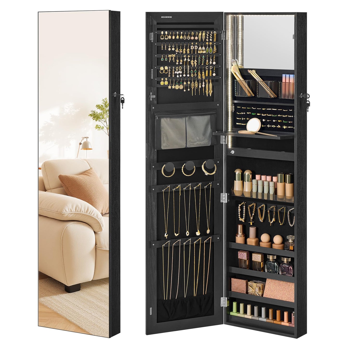 SONGMICS 55 Inches Tall Spacious Jewelry Cabinet, Jewelry Armoire with Light-Up Interior Mirror, Wall or Door Mounted Jewelry Storage Organizer, Lockable, Gift Idea, Black UJJC032BZ01