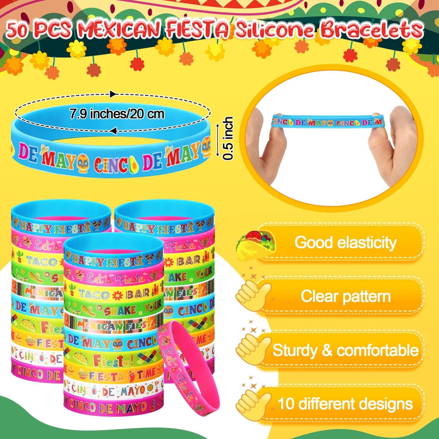 Highergo 150 Pcs Mexican Fiesta Party Favors Set 50 Cinco De Mayo Button Pins Badges 50 Fiesta Bead Necklaces 50 Party Favors Silicone Bracelets for Birthday Festival Party Supplies(Mexican Fiesta)
