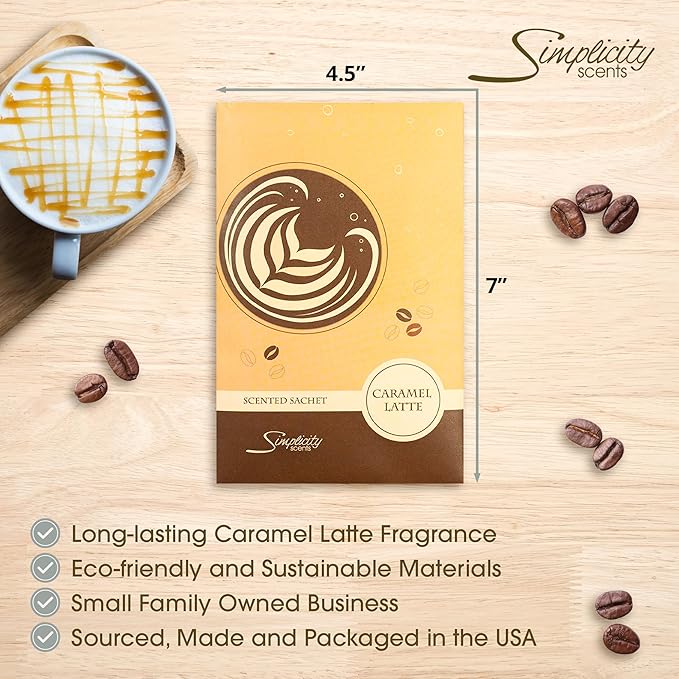 Floral Simplicity Caramel Latte Scented Sachets Pack of 3, Fall & Winter - Long-Lasting Scented Bags, Home Fragrance, Air Freshener & Deodorizer for Closet, Room, Drawer, or Cars, Made in The USA