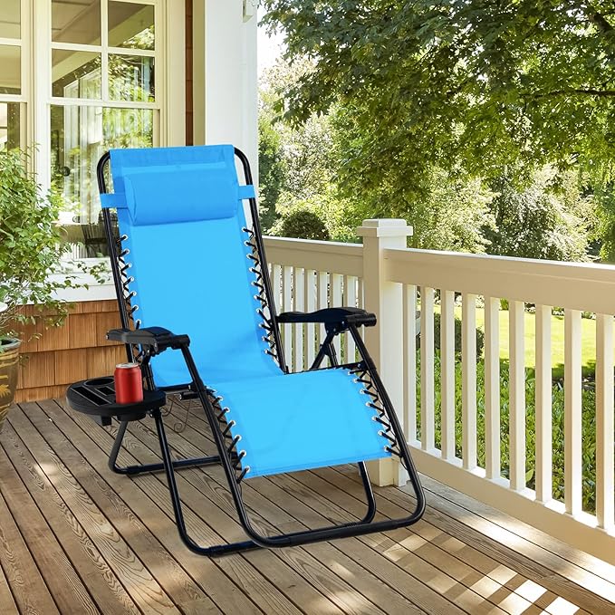 Tangkula Set of 2 Zero Gravity Chair, Folding Patio Lounge Chair Adjustable Outdoor Recliner with Cup Holder, Wide Armrest for Patio Garden Poolside Outdoor Yard Beach, Support 350 lbs (2, Blue)