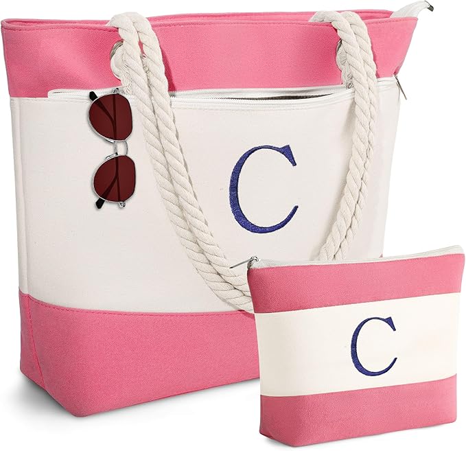 YOOLIFE Beach Bags for Women - Initial Canvas Tote Waterproof Bag with Makeup Bag Gifts for Women Mom Friend Birthday Her